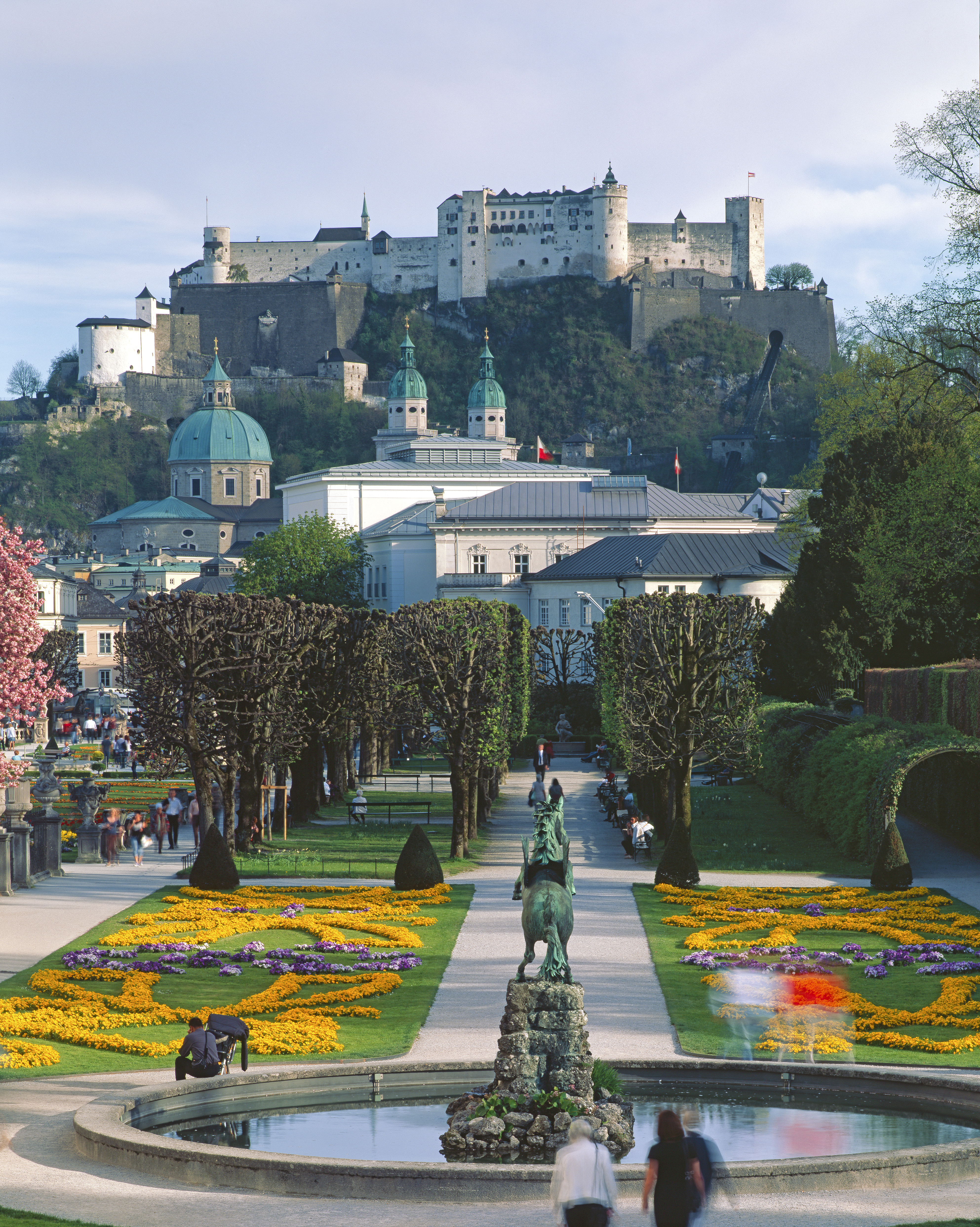 The medieval Hohensalzburg Fortress overlooking Mirabell Palace and Gardens in Salzburg
